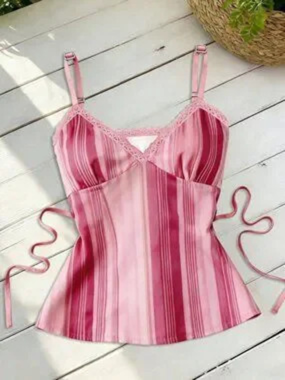 Multicolor Casual Women's Striped Contrast Lace Trim Camisole Top